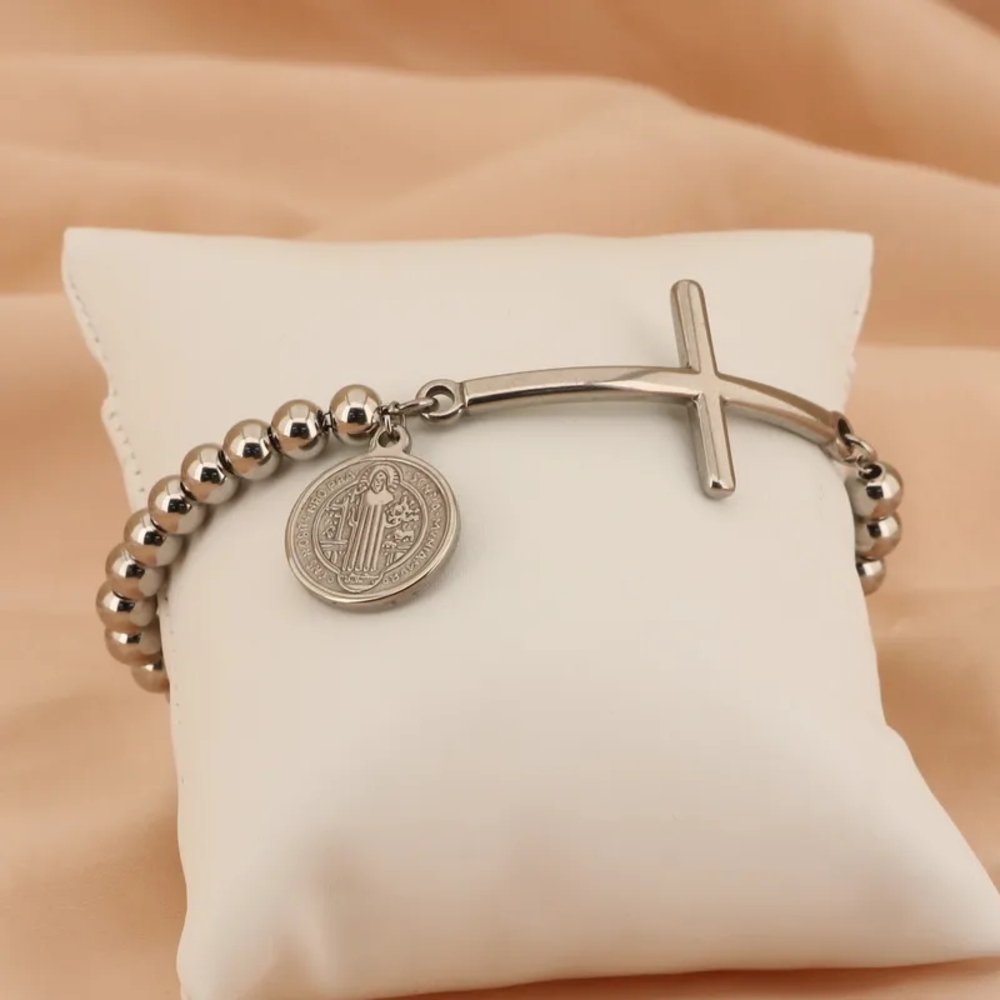 Silver Beaded Cross Bracelet